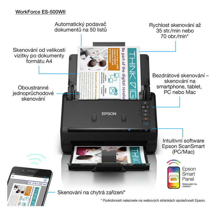 Epson ES-500WII, Escáner documental inalámbrico para oficina WorkForce, ADF y duplex automático
