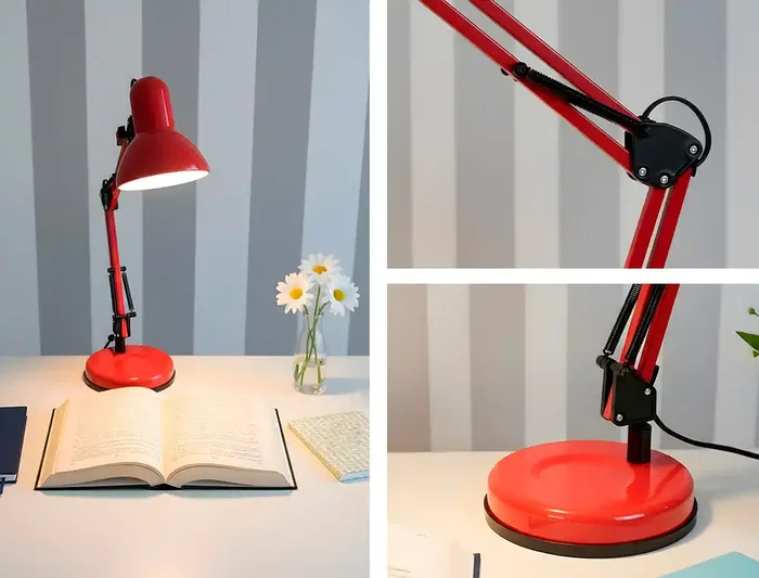 Q-connect Polaris Lámpara de Escritorio LED, Brazo Articulado de 3 Puntos, 40W, Color Rojo, Metálica