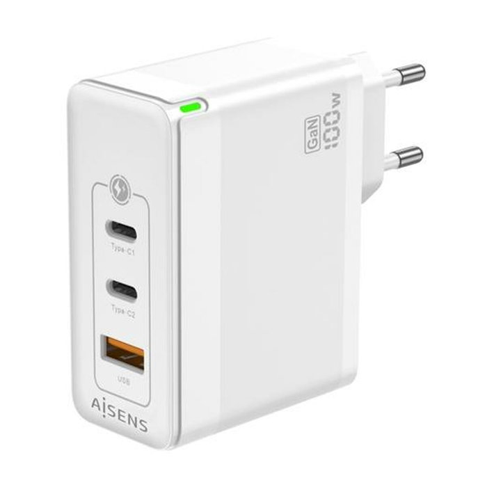 Aisens Cargador GaN 100W con 2xUSB-C y 1xUSB-A, Blanco