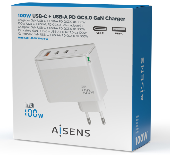 Aisens Cargador GaN 100W con 2xUSB-C y 1xUSB-A, Blanco