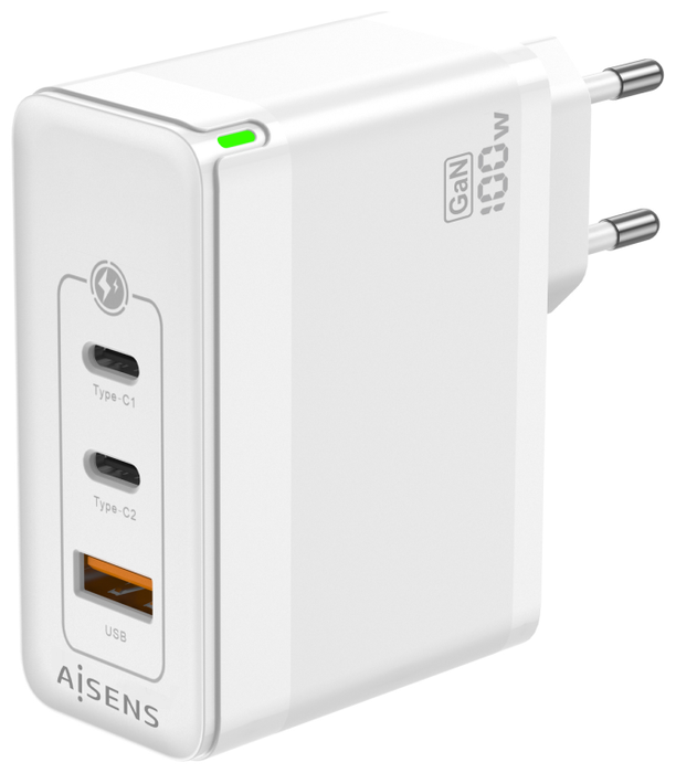 Aisens Cargador GaN 100W con 2xUSB-C y 1xUSB-A, Blanco