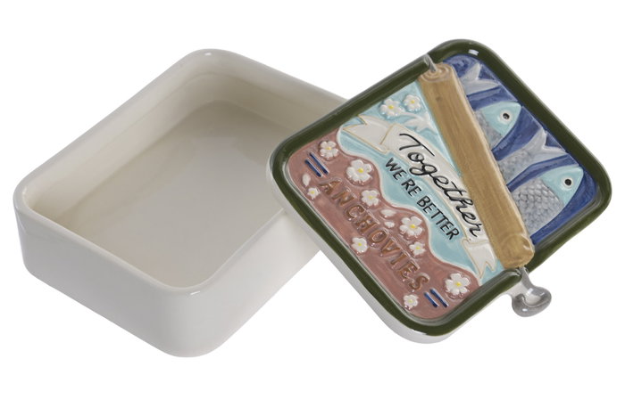DKD Home Decor Caja con Tapa de Gres Diseño Sardinas Multicolor