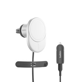 Belkin BoostCharge Pro Cargador Magnético Inalámbrico para Coche Qi2 (15W), Plata/Blanco, Incluye Fuente de 20W