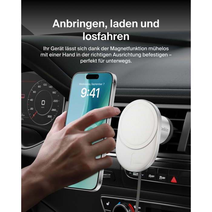 Belkin BoostCharge Pro Cargador Magnético Inalámbrico para Coche Qi2 (15W), Plata/Blanco, Incluye Fuente de 20W