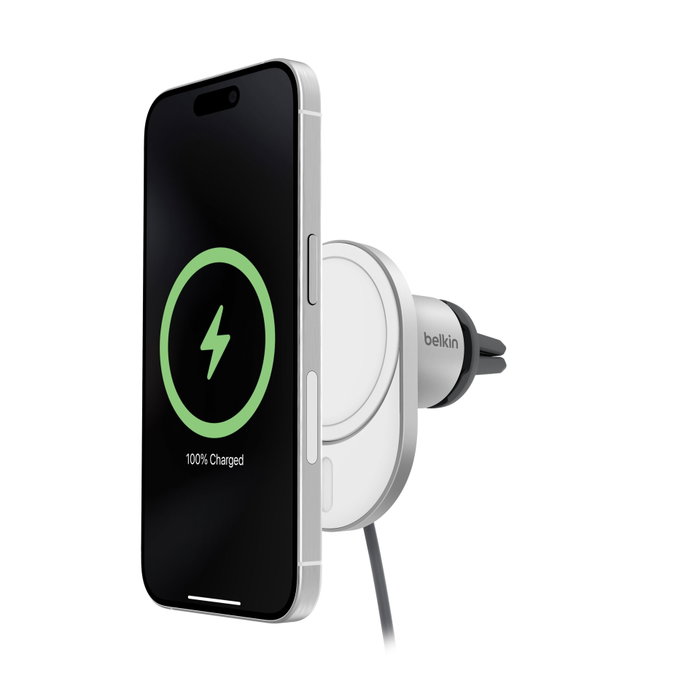 Belkin BoostCharge Pro Cargador Magnético Inalámbrico para Coche Qi2 (15W), Plata/Blanco, Incluye Fuente de 20W