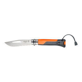 Opinel Navaja N.º 08 Outdoor Sports Naranja - Hoja Acero Inoxidable 8.5 cm con Área Dentada, Mango Bimaterial, Silbato 110 dB, Anillo Virobloc