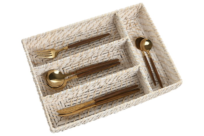 DKD Home Decor Cubertero Balines Bambú Ratán Blanco Natural 24 x 6 x 34 cm