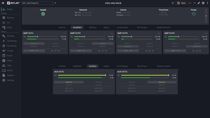 Ecler VIDA-24Q Amplificador Digital 2400W, 4 Salidas Amplificadas, Salidas Dante, Reproducción SD, Control Remoto