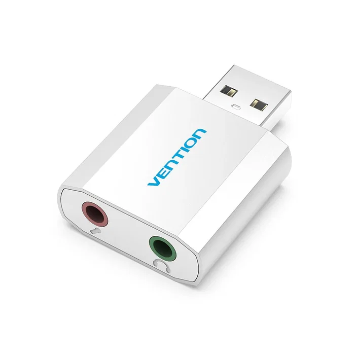 Vention VAB-S13 Tarjeta de Sonido USB Externa 2.1 Canales, Chip de Cancelación de Ruido, Sin Drivers, Carcasa Aluminio Plata, para Portátil, Auriculares y Micrófono
