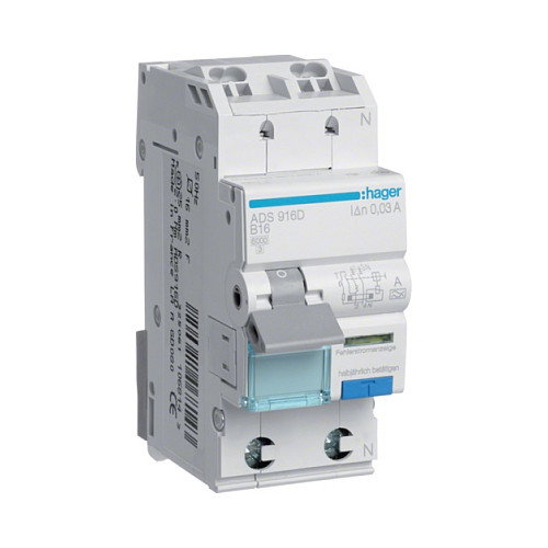 Hager Fi-LS 1P+N 6kA B-16A 30mA ADS916D Typ A QuickConnect Hager Fi-LS 1P+N 6kA B-16A 30mA ADS916D Typ A QuickConnect