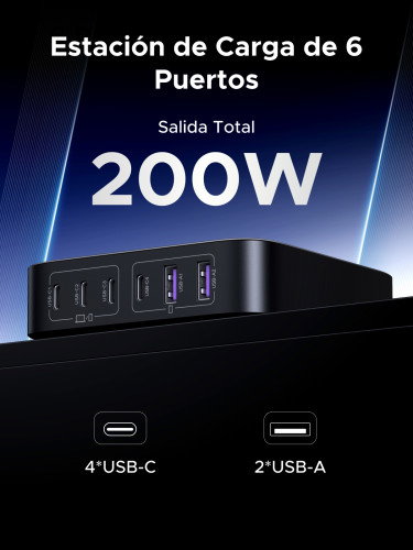 UGREEN Nexode Cargador de Escritorio 200W 2USB-A+4USB-C Negro, Gris