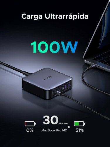 UGREEN Nexode Cargador de Escritorio 200W 2USB-A+4USB-C Negro, Gris