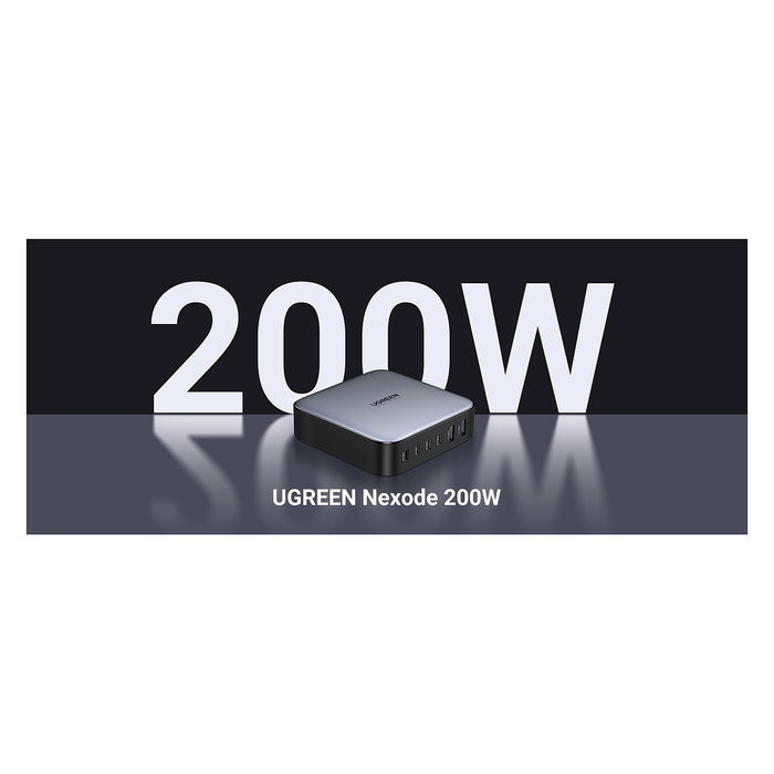 Ugreen Cargador de Escritorio Rápido 200W, 2 USB-A + 4 USB-C, GaN, Negro/Gris