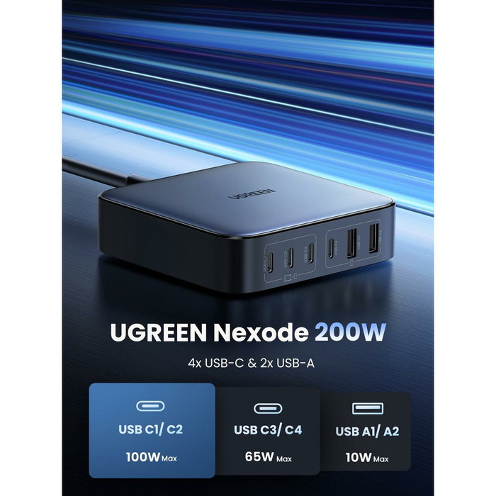 UGREEN Nexode Cargador de Escritorio 200W 2USB-A+4USB-C Negro, Gris