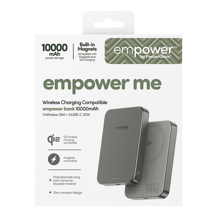PanzerGlass Empower Bank Cargador Portátil 10000mAh con Carga Inalámbrica 15W y Rápida 20W, USB-C, Color Titanio, Aluminio Reciclado, 70 x 102 x 14.3 mm