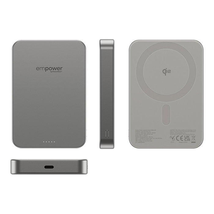 PanzerGlass Empower Bank Cargador Portátil 10000mAh con Carga Inalámbrica 15W y Rápida 20W, USB-C, Color Titanio, Aluminio Reciclado, 70 x 102 x 14.3 mm