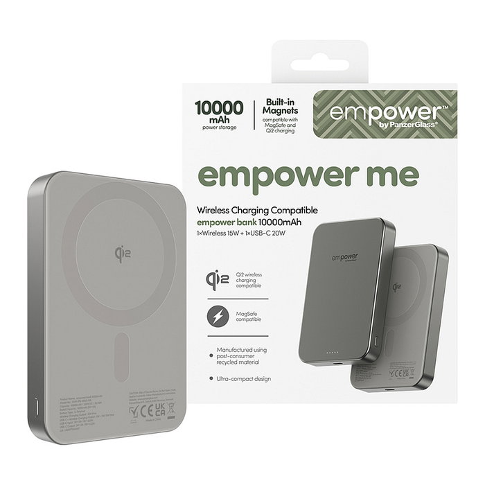 PanzerGlass Empower Bank Cargador Portátil 10000mAh con Carga Inalámbrica 15W y Rápida 20W, USB-C, Color Titanio, Aluminio Reciclado, 70 x 102 x 14.3 mm