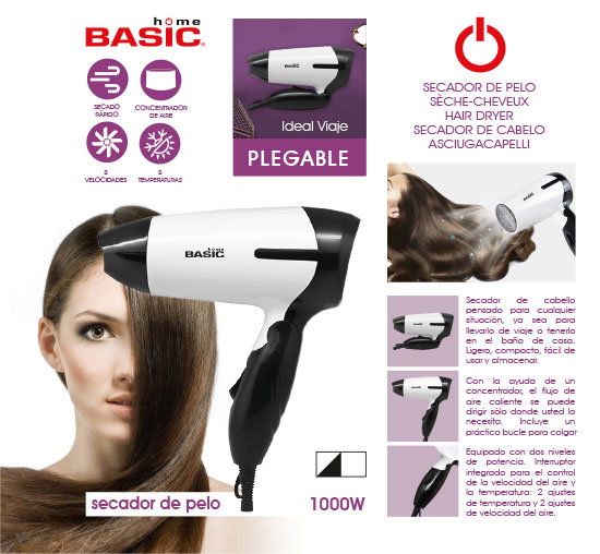 Inde Secador Pelo Plegable 1000W Basic Home (6 Unidades)