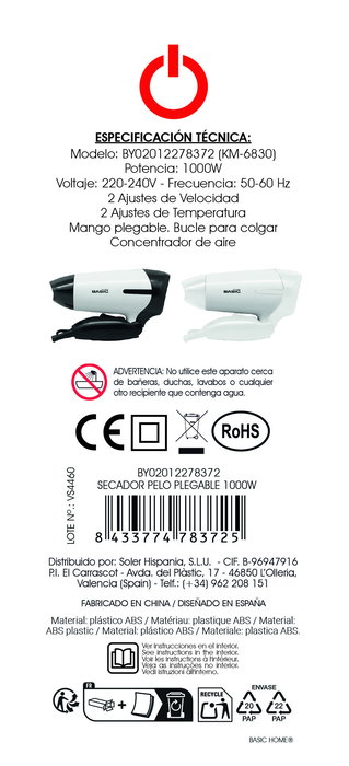 Inde Secador Pelo Plegable 1000W Basic Home (6 Unidades)