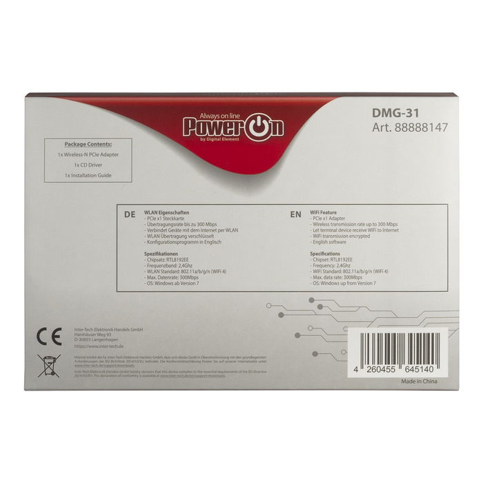 Inter-Tech DMG-31 Tarjeta WiFi Interna PCI Express, Wi-Fi 4 (802.11n), 300 Mbit/s, 2 Antenas de 3 dBi, para PC con Windows