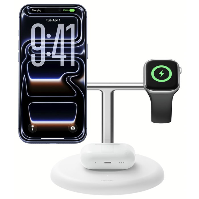 Belkin UltraCharge Estación de Carga 3 en 1 Qi2 25 W Blanco / Plata