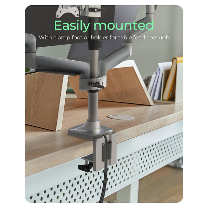 Prioriza marca y modelo, especifica soporte triple y sujeción, menciona tamaño máximo y material clave.