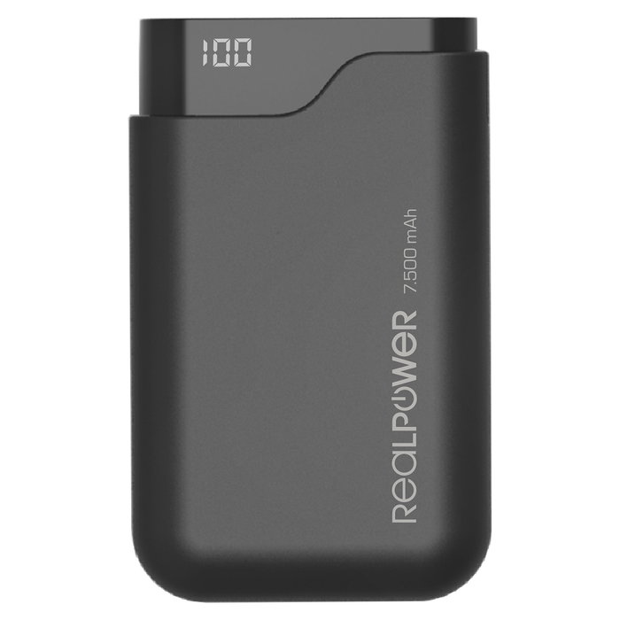 Realpower Powerbank PB-7500C Negro 7500 mAh con Pantalla y Dual USB (Tipo C y Tipo A), Certificación CE