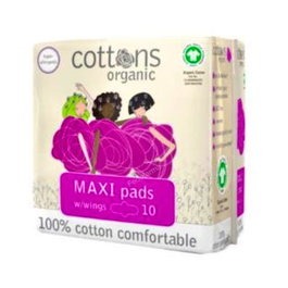 Cottons Compresas Maxi con Alas 10 Unidades - 100% Algodón Orgánico, Hipoalergénicas, para Flujo Medio a Abundante y Nocturno