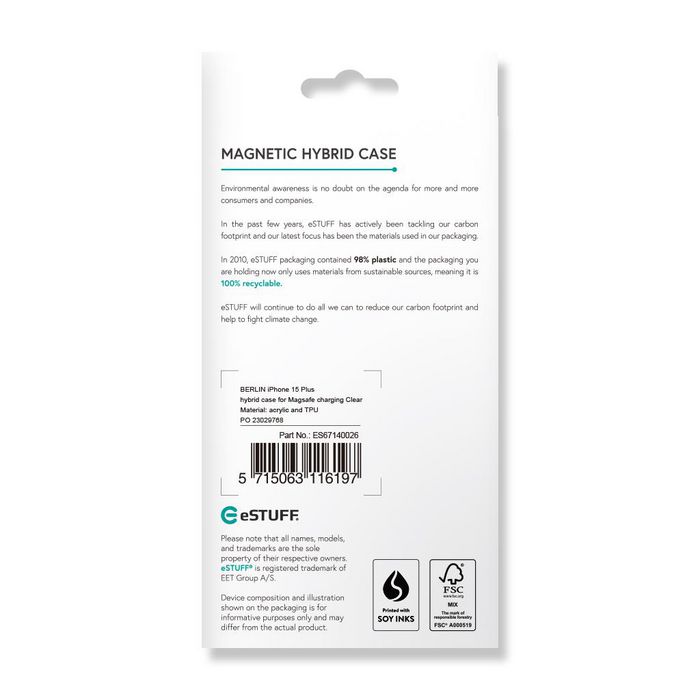 eSTUFF Funda Híbrida Magnética BERLÍN Compatible con MagSafe para iPhone 15 Plus - Transparente