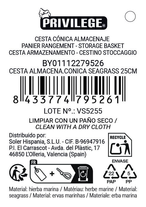 Privilege Cesta Cónica de Seagrass 25 cm (24 Unidades)