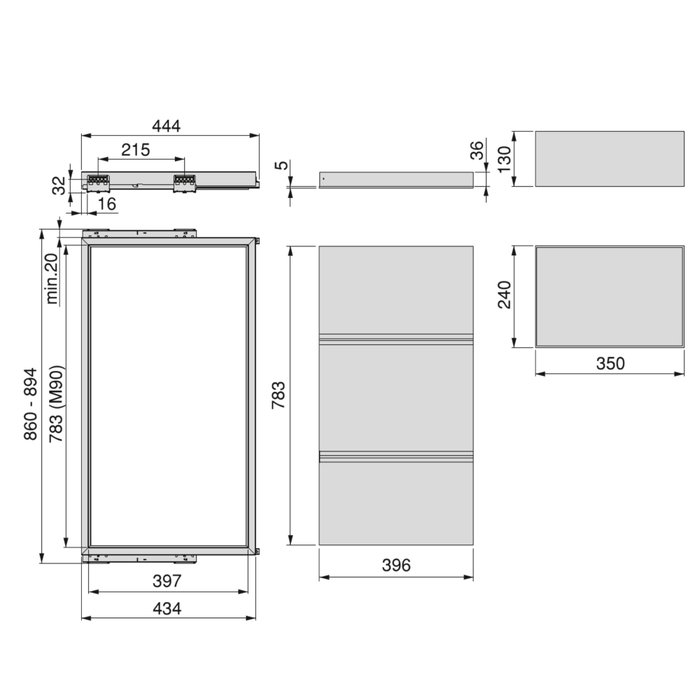 Emuca Kit de bandeja, 3 cestos organizadores y bastidor de guías con cierre suave para armarios, regulable, módulo 900mm, Negro texturizado