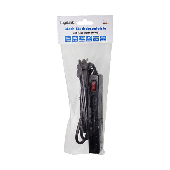 LogiLink Regleta con 3 tomas de corriente y conmutador, negro