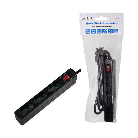 LogiLink Regleta con 3 tomas de corriente y conmutador, negro