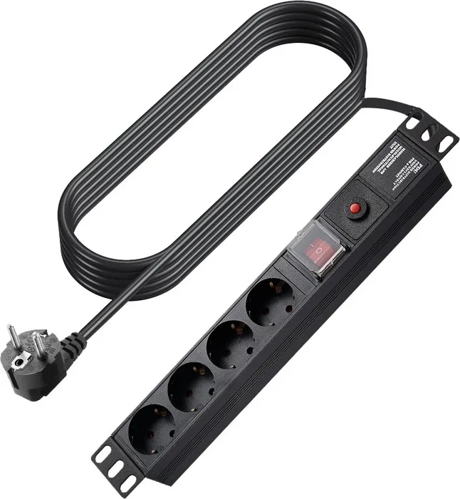 Vision TC-PSTRP4EU Regleta/Alargador 4 Enchufes 1.8 m, Conmutador, Protección Sobrecarga, Enchufe Europeo Tipo F, Negro para Interior