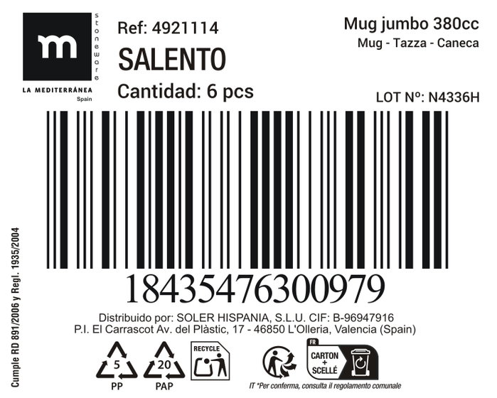 Inde Mug Jumbo 380cc "Salento" Md ø8.3x11.3cm (24 Unidades)