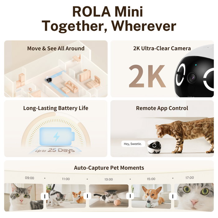 Enabot Rola Mini Robot Interactivo con Láser para Gatos, Monitor para Mascotas Wifi 5 GHz, Cámara 137°, Blanco/Negro