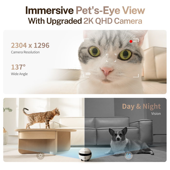 Enabot Rola Mini Robot Interactivo con Láser para Gatos, Monitor para Mascotas Wifi 5 GHz, Cámara 137°, Blanco/Negro