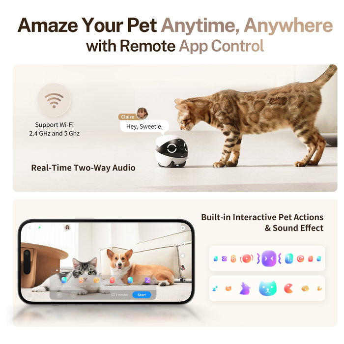 Enabot Rola Mini Robot Interactivo con Láser para Gatos, Monitor para Mascotas Wifi 5 GHz, Cámara 137°, Blanco/Negro