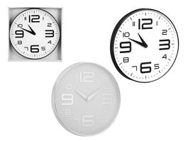 Giftdecor Reloj Redondo 30 cm Números Grandes Surtidos Plástico y Vidrio Esfera Blanca Plástico PP Color Negro y Plata (Set de 12)
