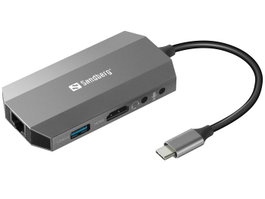 Sandberg USB-C 6in1 Travel Dock Hub con HDMI, USB 3.0, RJ45, Lector SD y PD 100W - Adaptador Multipuerto para Portátiles Macbook y PC