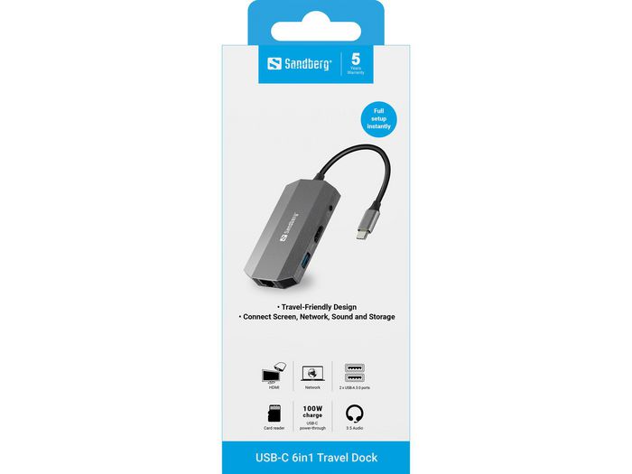 Sandberg USB-C 6in1 Travel Dock Hub con HDMI, USB 3.0, RJ45, Lector SD y PD 100W - Adaptador Multipuerto para Portátiles Macbook y PC Sandberg USB-C 6in1 Travel Dock Hub con HDMI, USB 3.0, RJ45, Lector SD y PD 100W - Adaptador Multipuerto para Portátiles Macbook y PC
