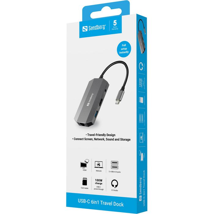 Sandberg USB-C 6in1 Travel Dock Hub con HDMI, USB 3.0, RJ45, Lector SD y PD 100W - Adaptador Multipuerto para Portátiles Macbook y PC Sandberg USB-C 6in1 Travel Dock Hub con HDMI, USB 3.0, RJ45, Lector SD y PD 100W - Adaptador Multipuerto para Portátiles Macbook y PC