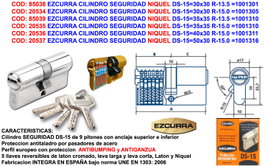 EZCURRA Cilindro de Seguridad Níquel DS-15 40x30 Antibumping