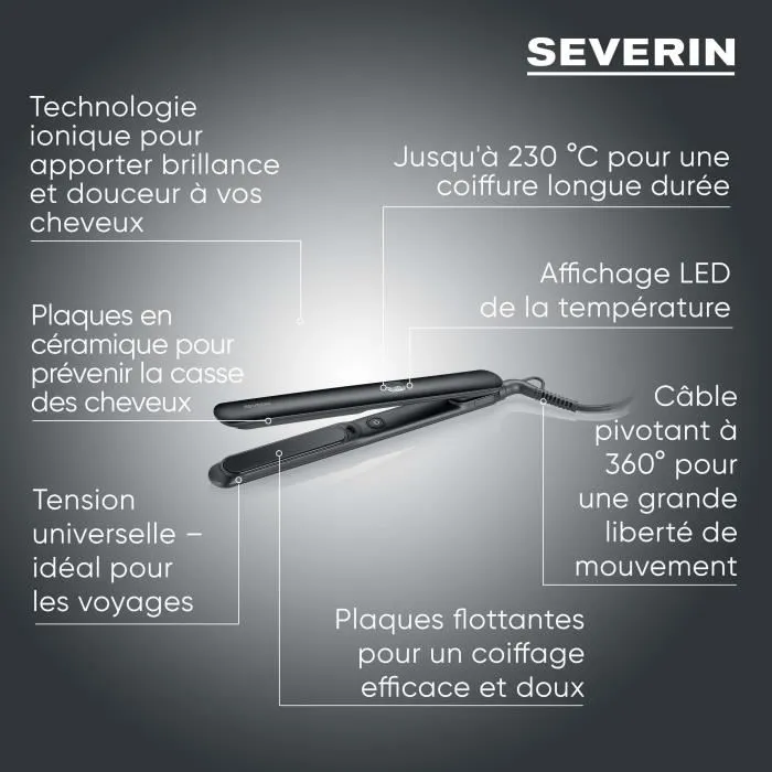 Severin Plancha de Pelo Iónica HG 0622 con Revestimiento Cerámico, Indicador LED de Temperatura, Calentamiento Rápido, Negra