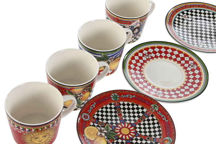 DKD Home Decor Taza Set Plato Moderno Sicilia 2024 Limones Porcelana Rojo Amarillo 15.6 x 1.7 x 15.6 cm (4 Unidades)