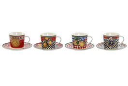 DKD Home Decor Taza Set Plato Moderno Sicilia 2024 Limones Porcelana Rojo Amarillo 15.6 x 1.7 x 15.6 cm (4 Unidades)