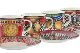 DKD Home Decor Taza Set Plato Moderno Sicilia 2024 Limones Porcelana Rojo Amarillo 15.6 x 1.7 x 15.6 cm (4 Unidades)