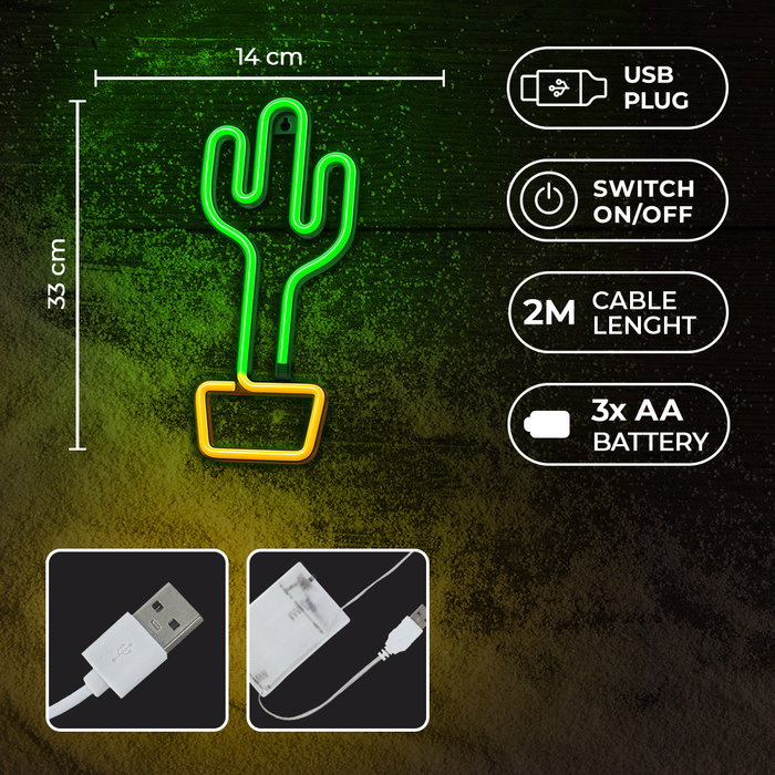 Forever Lampara Neon LED Cactus Naranja | Luz Decorativa de Sobremesa y Pared | USB y Pilas | 33 cm