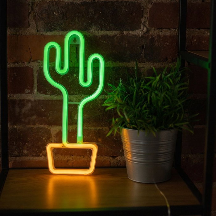 Forever Lampara Neon LED Cactus Naranja | Luz Decorativa de Sobremesa y Pared | USB y Pilas | 33 cm