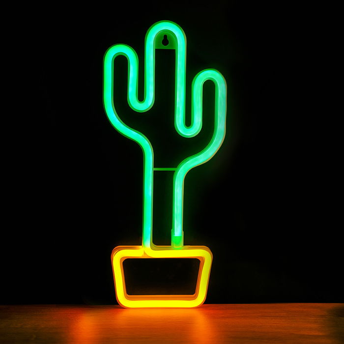 Forever Lampara Neon LED Cactus Naranja | Luz Decorativa de Sobremesa y Pared | USB y Pilas | 33 cm